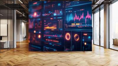 A digital interface with AI-powered predictive analytics visualized as glowing graphs and charts, symbolizing data-driven insights Wall mural