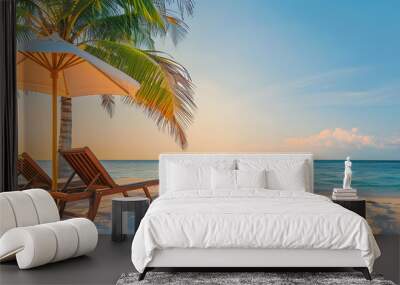 Beautiful tropical beach banner. White sand and coco palms travel tourism wide panorama background concept. Amazing beach landscape Wall mural