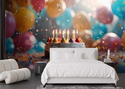 birthday cake and balloon with candles bright with free space for text, .festival or celebration concept Wall mural