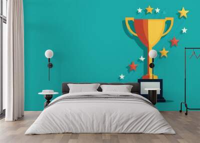 Business Achieve Success Goal Graph rising upward with stars and a trophy at the top, business goal accomplishment, no face, flat design illustration Wall mural