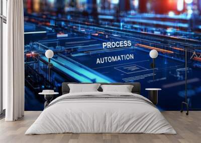 Business process automations A digital interface displaying a virtual assembly line with automated processes Wall mural