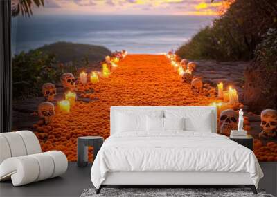 Day of the Dead Background  Marigold Petal Path A soft-focus scene of a path made entirely of bright orange marigold petals Wall mural