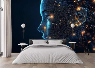 Face ID Log in Scan Abstract face outline composed of glowing digital lines and dots, symbolizing biometric Face ID technology, no face, 3D illustration Wall mural