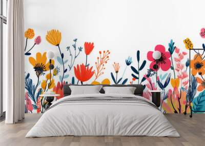 floral and leaf on white background in doodle-style tile designs with graphic format. Wall mural