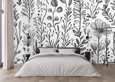 floral and leaf seamless patterns in doodle-style tile designs with graphic format. Wall mural