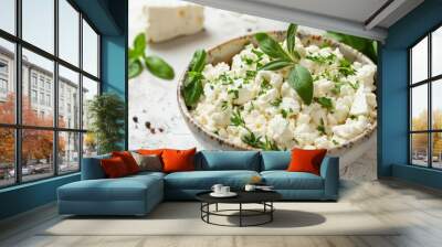 Food Dairy products Cottage Cheese Cottage cheese in a bowl with herbs Wall mural