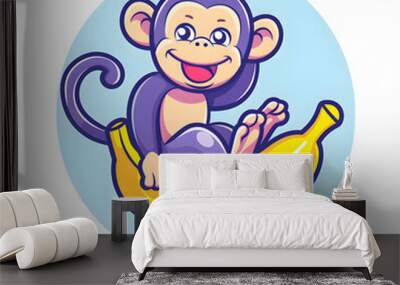 funny cute young little monkey with banana Wall mural