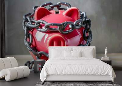 Heavy chain around a piggy bank, depicting financial debt constraint Wall mural