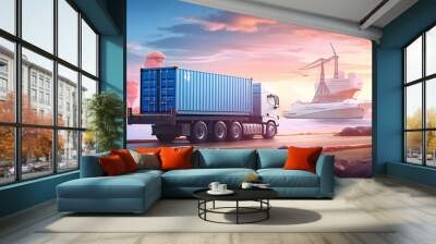 Logistics and transportation of Container Cargo ship and Cargo plane with working crane bridge in shipyard at sunrise, logistic import export and transport industry background Wall mural