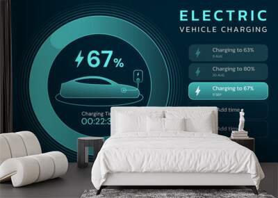 Side view electric car charging battery dashboard display status with EV charger Station, wallbox hologram interface vector design concept. Electric vehicle neon green digital outline illustration. Wall mural