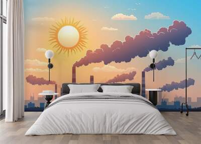 Weather Climate Change Factory chimneys with smoke under a sun, representing global warming and air pollution, no face, flat design illustration Wall mural