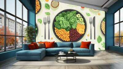 World Vegan Day Vegan meal with leafy greens and grains, celebrating plant-based living, flat design illustration Wall mural