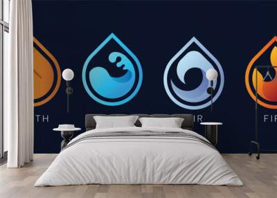 4 Elements of nature symbol - earth water air and fire with sign in line water drop shape on dark blue background vector design Wall mural