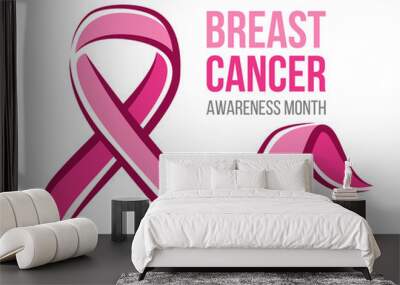 Breast cancer awareness month banner with pink ribbon sign and text vector design Wall mural