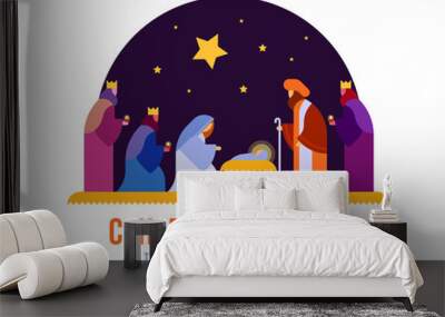 christmas , the savior is born banner with Nativity of Jesus scene and Three wise men in night time and star vector design Wall mural