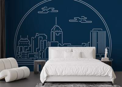 Cityscape with white abstract line corner curve modern style on dark blue background, building skyline city vector illustration design - Fresno Wall mural