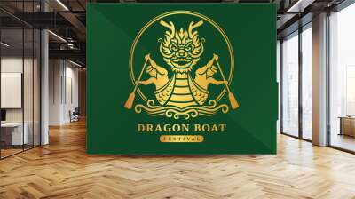 Dragon boat festival Gold front dragon boat and boater on water wave in circle line on green background vector design Wall mural