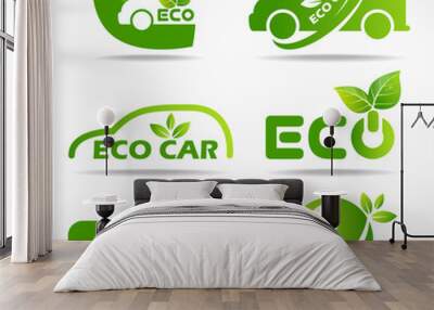 Eco car logo - green leaf and car sign vector set design Wall mural