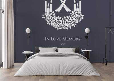 Funeral card banner - white ribbon sign and candle light on bouquet of white rose and text vector design Wall mural