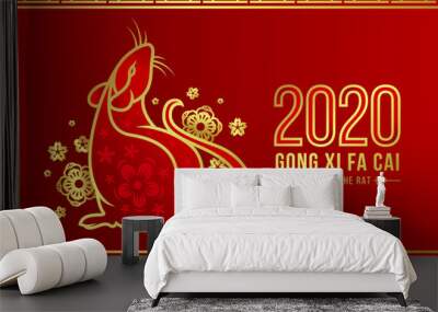 Happy chineses new year 2020 banner card with red and border gold rat zodiac and gold flora sign on dark red background vector design Wall mural