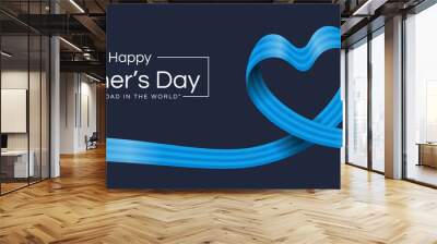 happy father day text and Blue Alternating Stripe ribbon roll wave make heart shape on dark background vector design Wall mural