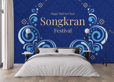 Happy thai new year, songkran festival banner text in circle frame with abstract water splash curve and thai flower art traditional on blue thai texture background vector design Wall mural