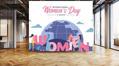 international women's day - a diverse group of women helping to put the letters WOMEN in order vector design Wall mural