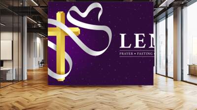 LENT, prayer, fasting and almsgiving text with white long ribbon cloth roll around gold cross crucifix sign on dark purple background vector Design Wall mural