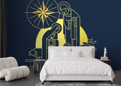 Merry Christmas and happy new year banner - modern gold line The Nativity with mary and joseph in a manger with baby Jesus and light star on dark blue background vector illustration design Wall mural