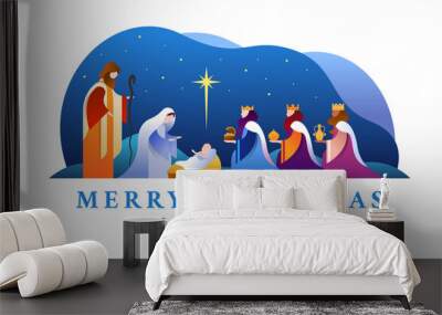 Merry christmas and happy new year banner - Nativity of Jesus scene, mary and joseph in a manger with baby Jesus and Three wise men in night time and star light vector design Wall mural