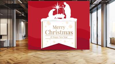 Merry Christmas and happy new year banner with white mary and joseph in a manger with baby Jesus and star light top up white gold banner text  on red background vector design Wall mural