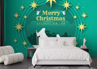 Merry christmas - Birth of Christ , Birthday Jesus in circle frame and gold star around on green background  vector illustration design Wall mural