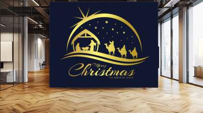 Merry christmas the birth of jesus banner with gold Nativity of Jesus scene and Three wise men go for the star of Bethlehem vector design Wall mural