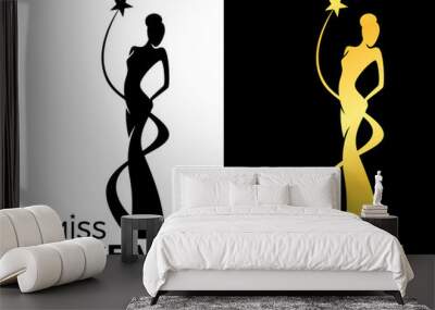 Miss lady pageant logo sign with queen wears evening gown and star around lady queen vector design Wall mural