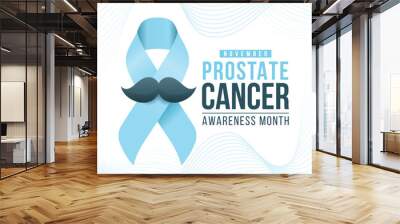 November, Prostate cancer awareness month text and light blue ribbon awareness with moustache sign on abstract line curve blend texture background vector design Wall mural