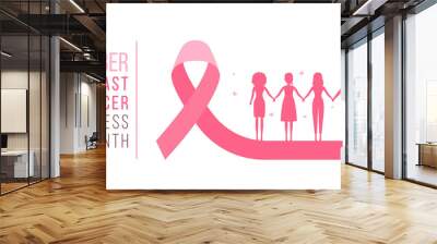 October Breast cancer awareness month text and group of woman hand hold hand to hope on pink ribbon sign vector Design Wall mural