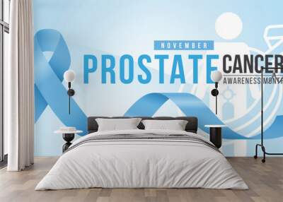 Prostate cancer awareness month - Blue ribbon awareness sign on white human male with male symbol around body sign and soft blue background vector design Wall mural