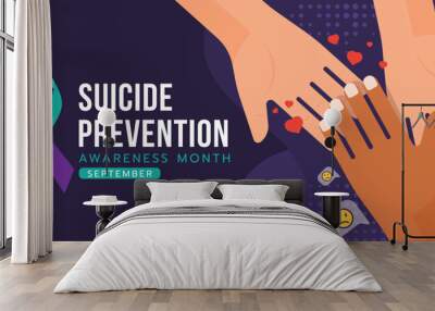 Suicide prevention awareness month text and suicide awareness prevention ribbon sign and hands that delivers love to a sad hand on dark purple background vector design Wall mural