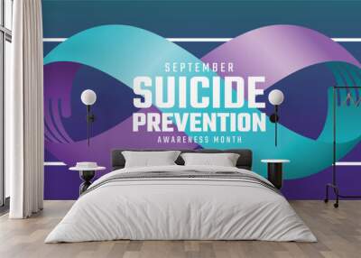 Suicide prevention awareness month - Text on teal purple infinity hand ribbon awareness sign on white line frame vector design Wall mural