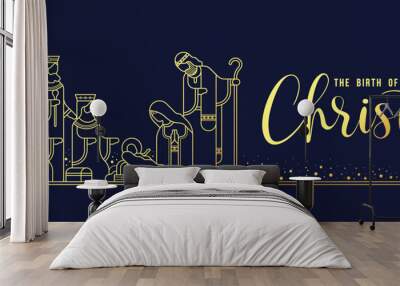 The birth of christ - modern gold line The Nativity with mary and joseph in a manger with baby Jesus and Three wise men on dark blue background vector design Wall mural