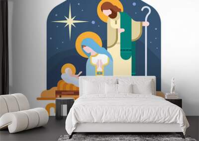 The birth of christ - The Nativity with mary and joseph in a manger with baby Jesus and star light at night, flat charecter style vector illustration design Wall mural