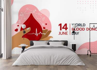 world blood donor day - hand holding red drop blood with blood type cell around and Heart rhythm wave sign vector design Wall mural