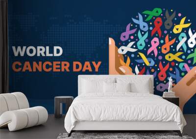 World Cancer Day - Two hand hold up circle shape with set of ribbons of different colors against cancer sign on dark blue dot world map texture background vector design Wall mural