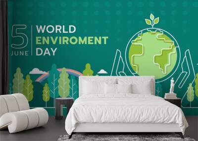 world environment day - abstract white line hand hold care globe world with tree sapling and forest, mountains and rainbow around on green background vector design Wall mural