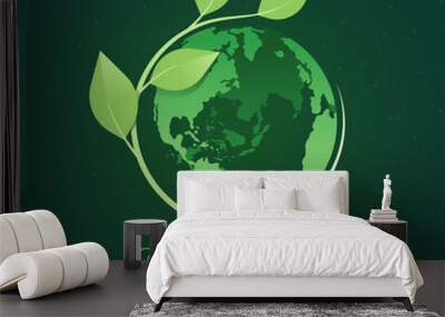 world environment day - green branch and leaves roll around circle globe on dark green background vector design Wall mural