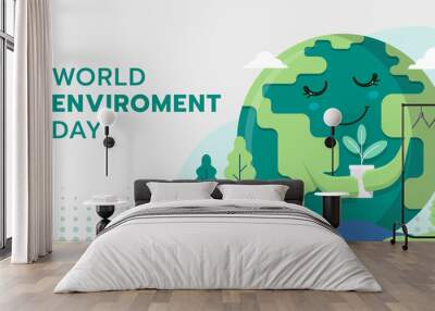 world environment day - Green Happy globle world charecter hold young plant and tree around vector design Wall mural