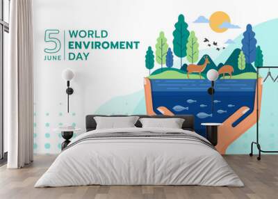 world environment day - hand hold care the environment on earth consists of water, tree, mountains and animals vector design Wall mural