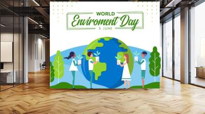 world environment day - People holding seedlings to plant near the globe vector design Wall mural