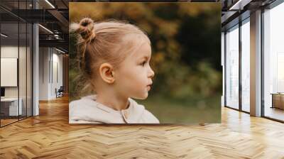 Autumnal mood. Portrait of a little cute girl walking in the autumn park. Profile photo Wall mural