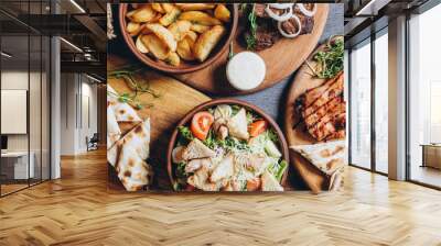 delicious European and Slavic cuisine on the big table waiting for guests. table with food, top view Wall mural